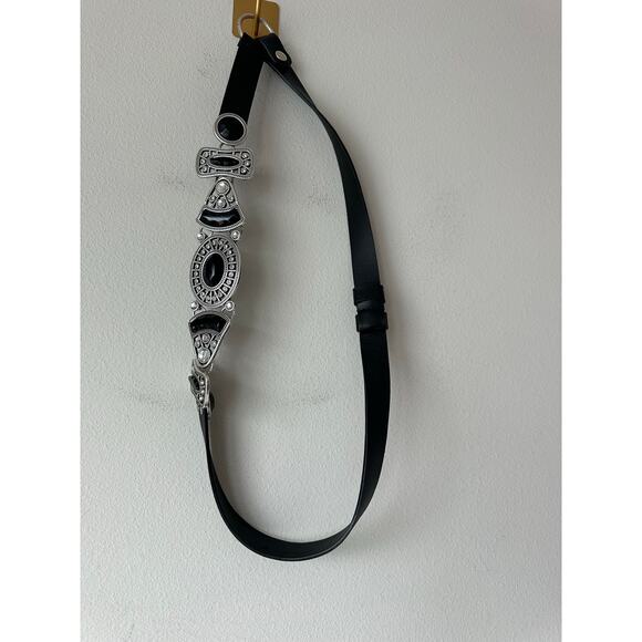Vintage Chico’s Black Leather Statement Belt Silver Rhinestone Boho Western M/L main image 5